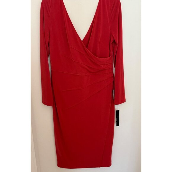 Maggy London NWT Red Wrap Dress With Long Sleeves V-Neck & Pleated Size 14 - Picture 1 of 12